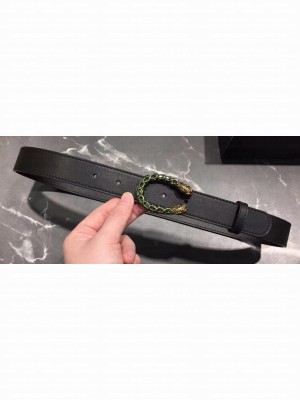 Gucci Width 3cm Leather Belt Black with Green Crystal Dionysus Buckle