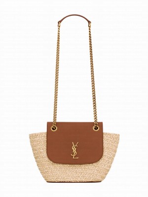 Saint Laurent Mini Manon In Raffia And Aged Vegetable-Tanned Leather Coffee