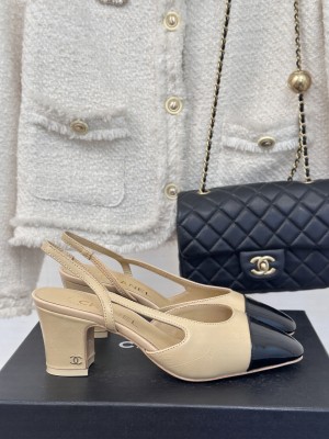 Chanel Slingback 7cm Printed Lambskin & Patent Calfskin Beige Black 2025