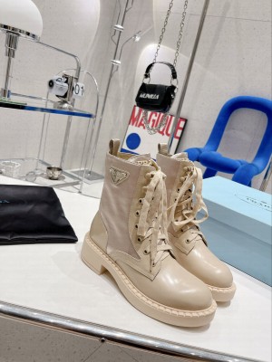 Prada Brushed Leather and Re-Nylon Boots Beige