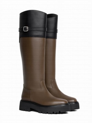 Celine Women's Bulky High Buckle Boot In Calfskin Khaki