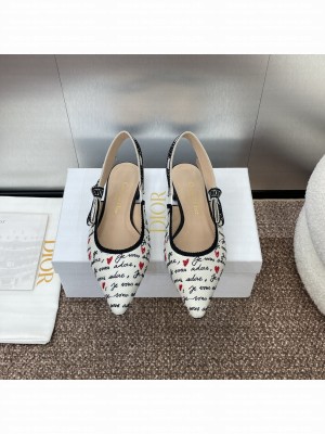 Dior J'Adior Dioramour Slingback Flat White Cotton with Embroidered Black and Red Je Vous Adore Motif