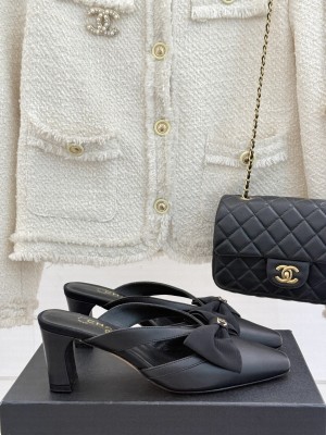 Chanel Lambskin Heel Mules with Bow Black 2025