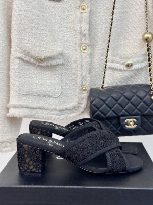Chanel 6.5cm Mesh Lace Camellia Cross Slide Black