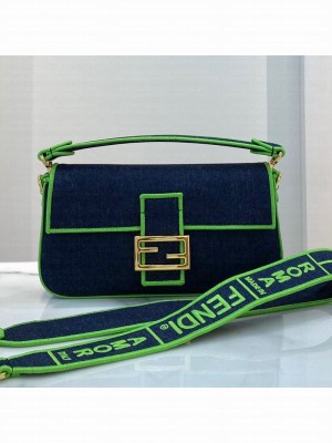 Fendi Baguette Medium Denim Flap Bag Dark Blue/Green  2021 Collection