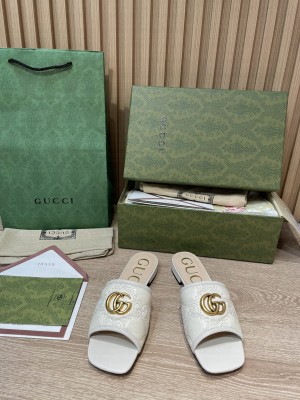 Gucci GG Lambskin Leather ‎Slide Sandals 2022 Collection,White