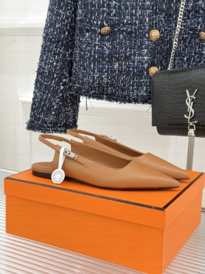 Hermes Lover Slingback Flat in Nappa leather with iconic Kelly buckle brown