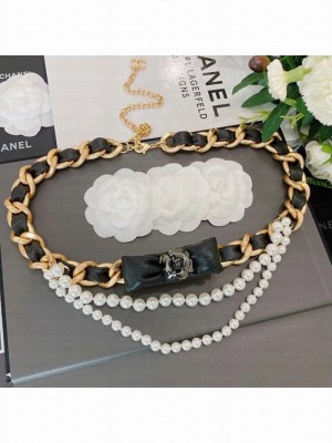 Chanel Pearl Chain Belt with Bow AB4460 Black/Gold/White  2021 Collection
