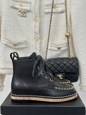Chanel Calfskin Wood Ankle Boots with Chain Black 2024