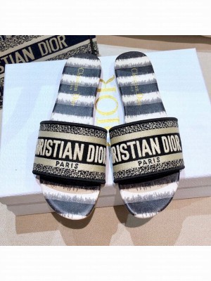 Dior Dway Flat Slide Sandals in Black Stripes Embroidered Cotton Spring/Summer 2021 Collection 46
