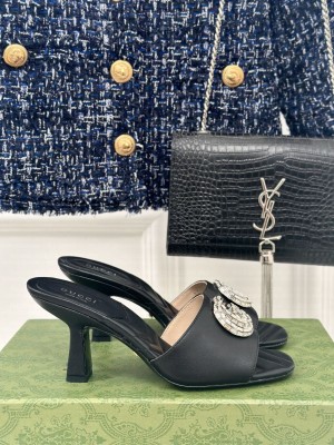 Gucci Women's Calfskin 7cm Crystals Double G Mule Slide Sandals Black