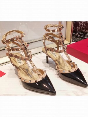 Valentino Heel 9.5cm Rockstud Caged Ankle Strap Pumps in Patent Leather Black