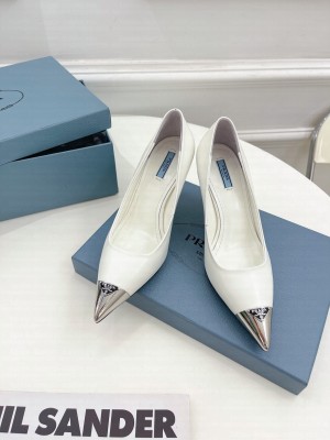 Prada Brush Leather Pumps 7.5cm with Metal Logo 2022 Collection,White