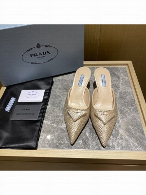 Prada Women's 5.5cm Satin Mule Sandals With Crystals 2022 Collection,Beige