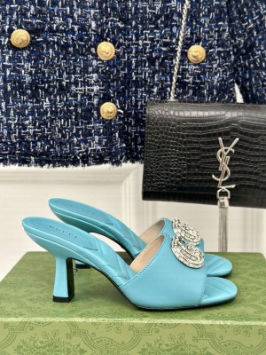 Gucci Women's Calfskin 7cm Crystals Double G Mule Slide Sandals Blue