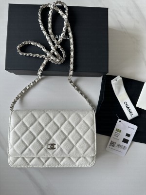 Chanel Caviar Leather & Silver-Tone Metal Wallet On Chain WOC Bag A33814 White