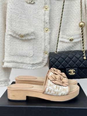 Chanel Calfskin Heel Slides Sandal 4cm with Camellia Bloom 09