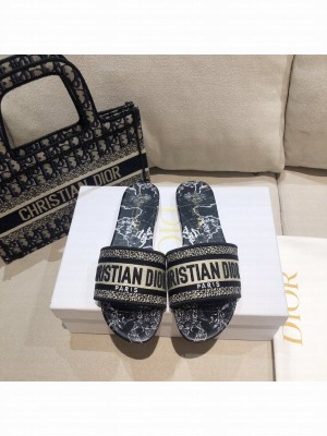 Dior Dway Flat Slide Sandals in Black Around the World Embroidered Cotton 2021 Collection 