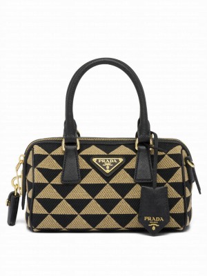 Prada Symbole Embroidered Jacquard Fabric Top-handle Bag Black