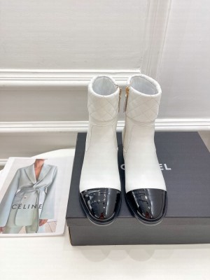 Chanel 50mm Lampskin Leather Ankle Boots 2021 Collection, White 070