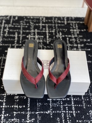 TOTEME horsehair heeled flip flops burgundy