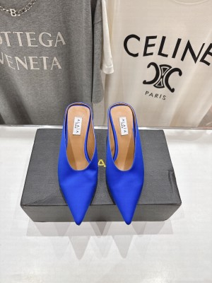 Alaïa CUBE WEDGE MULES IN SATIN BLUE