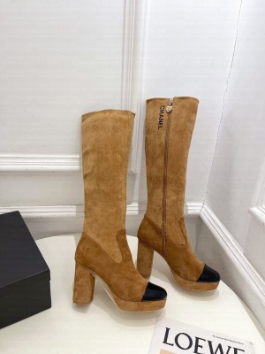 Chanel Suede and Calfskin Heel 8cm platform 2cm Heel High Boots Brown