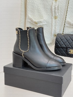 Chanel Calfskin with Chain Chelsea Ankle Boots Black