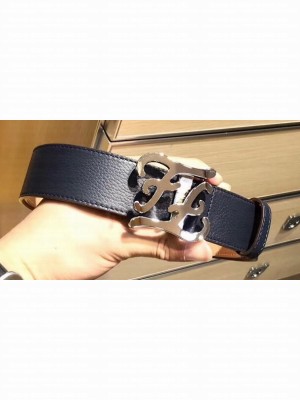 Fendi Width 4cm Leather Belt with FF Karligraphy Buckle Dark Blue/Silver