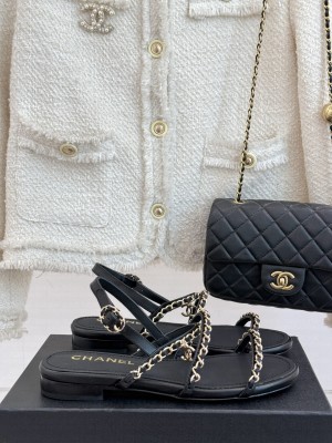 Chanel Lambskin Flat Sandals with Chain Strap Black 2025 G45667