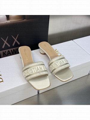 Dior Dway Heeled Slide Sandals 4cm in Cotton Embroidered 2023 Collection 038