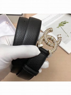 Chanel Width 3cm Grainy Calfskin Belt With Crystal CC Buckle Black/Gold 2020 Collection