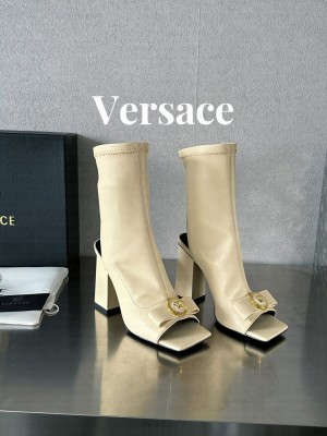 Versace Gianni Ribbon Open Ankle Boots 10.5cm in Strentch Leather Beige