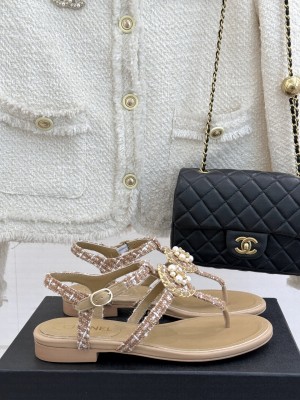 Chanel Tweed Camellia CC Pearl Flip Flops Sandal Beige 2025