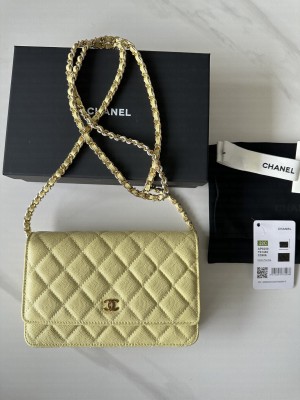 Chanel Caviar Leather & Gold-Tone Metal Wallet On Chain WOC Bag A33814 Yellow