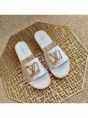Louis Vuitton Monogram Canvas Espadrille Slide Sandals with Square LV Buckle White 2021 Collection