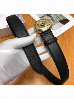 Chanel Width 3cm CC Logo Round Buckle Leather Belt Black/Gold