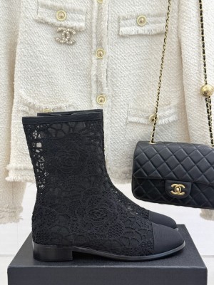 Chanel Lace Flat Ankle Boots Black 2025 