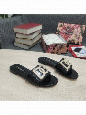 DOLCE & GABBANA CALFSKIN SLIDERS DG CRYSTAL LOGO 2022 BLACK