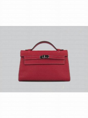 HERMES KELLY 22 CALFSKIN LEATHER CLUTCH BAG IN RED 