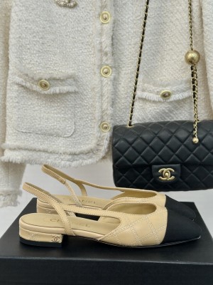 Chanel Quilted Lambskin & Grosgrain Slingback Flat Beige 2024