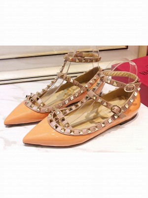 Valentino Rockstud Caged Ankle Strap Ballet Flats Ballerinas in Patent Leather Orange