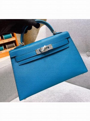 Hermes Mini Kelly II Bag in Original Chevre Leather Light Blue