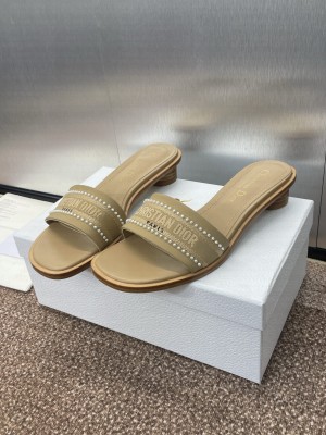 Dior Dway Heeled 3cm Slide Beige Calfskin and Embroidered Cotton With Pearls Flats 2025