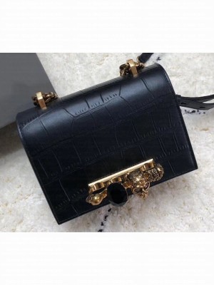 Alexander Mcqueen Small Jewelled Satchel Bag Embossed Croc Black/Gold