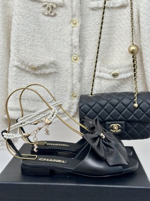 Chanel Lambskin Flat Sandals with Maxi Bow and Pearls Black 2024 