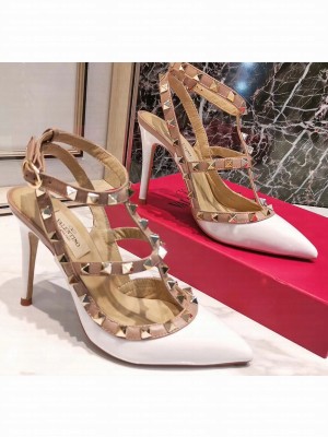 Valentino Heel 9.5cm Rockstud Caged Pumps in Patent Leather White