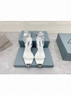 Prada Calfskin Sandals 9cm with Metal Logo White 2022 Collection