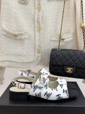 Chanel satin CC logo flat sandals white