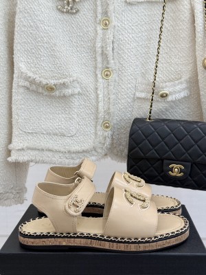 Chanel flat double C with chain sandals beige leather 2025